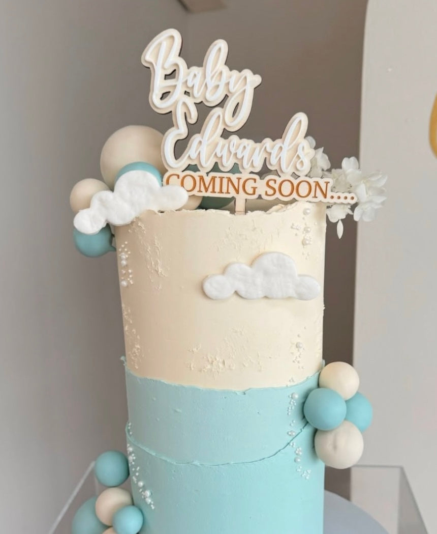 Coming Soon Baby Name Cake Toppper. Wood And Acrylic. Personalised.