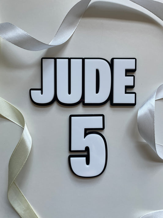 Black and White Acrylic Name and Age Cake Charm. Bold Comic Superhero Theme