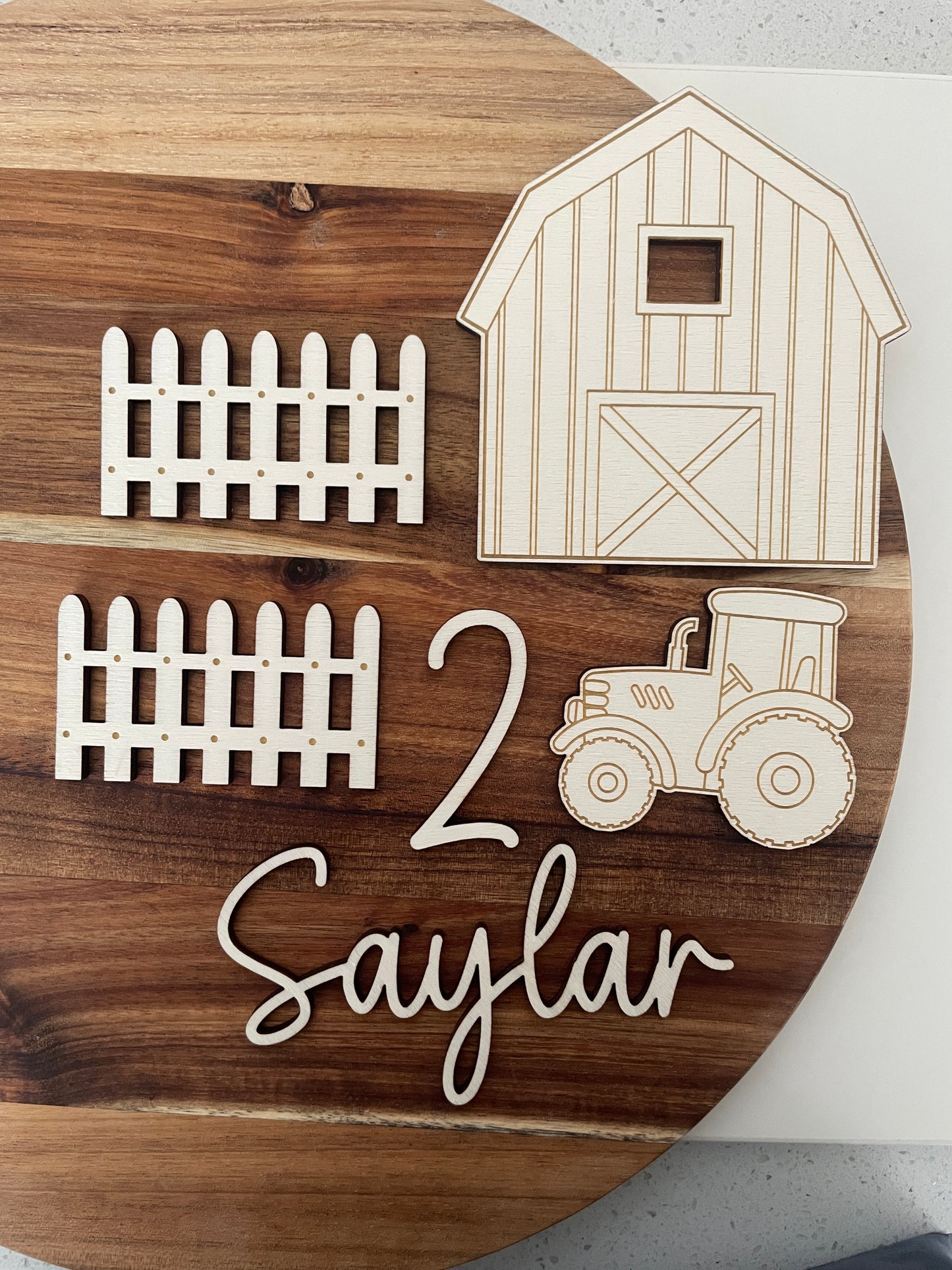 Wooden Farm Cake Topper Set. Name and Age Charms.