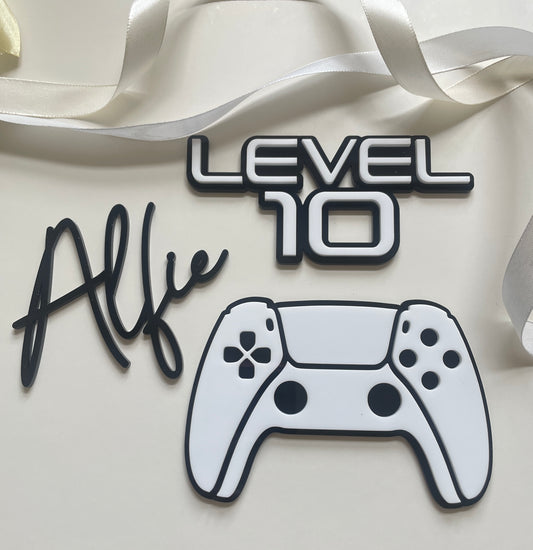 Gamers cake topper. Acrylic Control pad and Level Age Charm