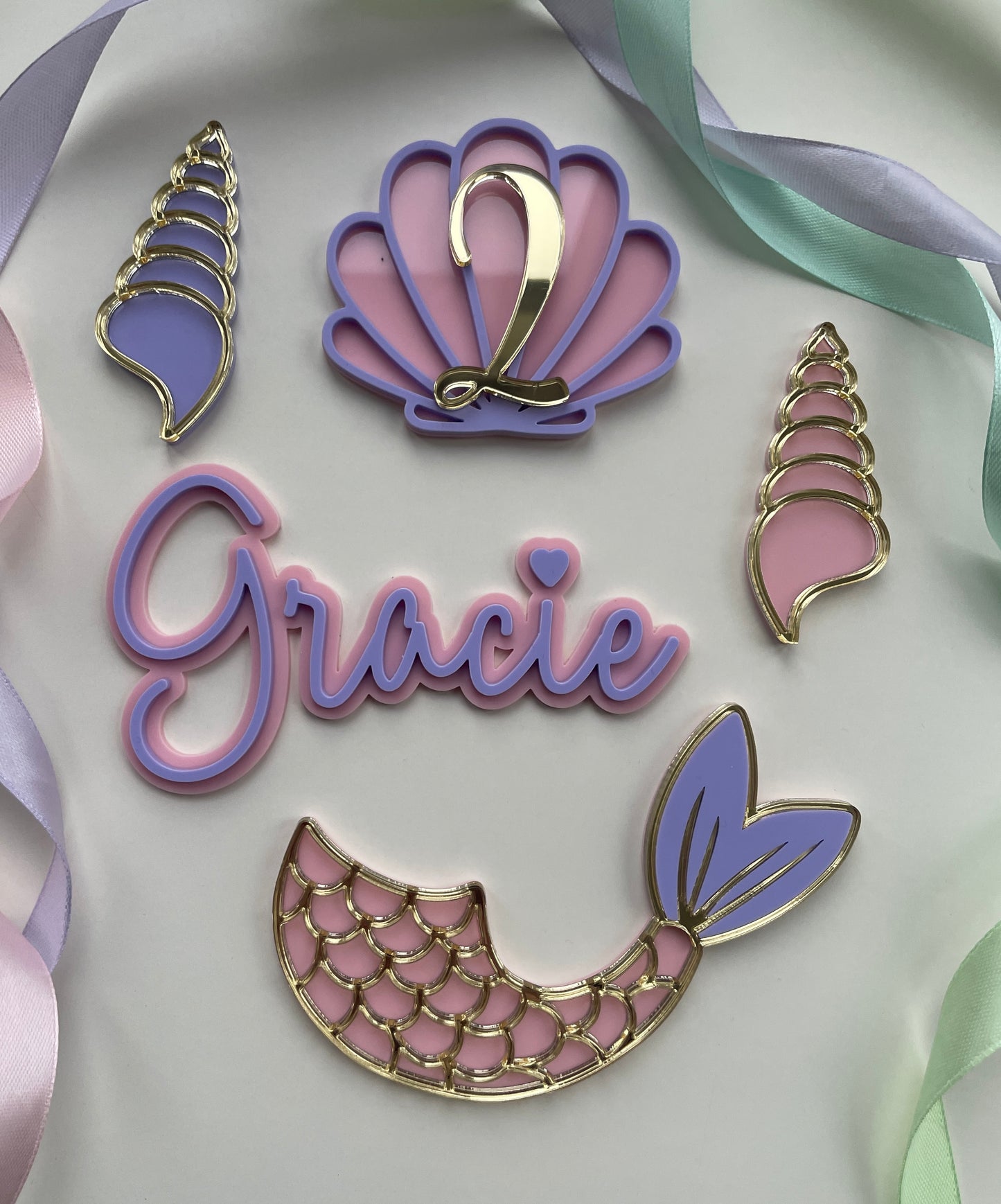 Mermaid Cake Topper Set | Pastel And Gold Acrylic Name And Age Charms