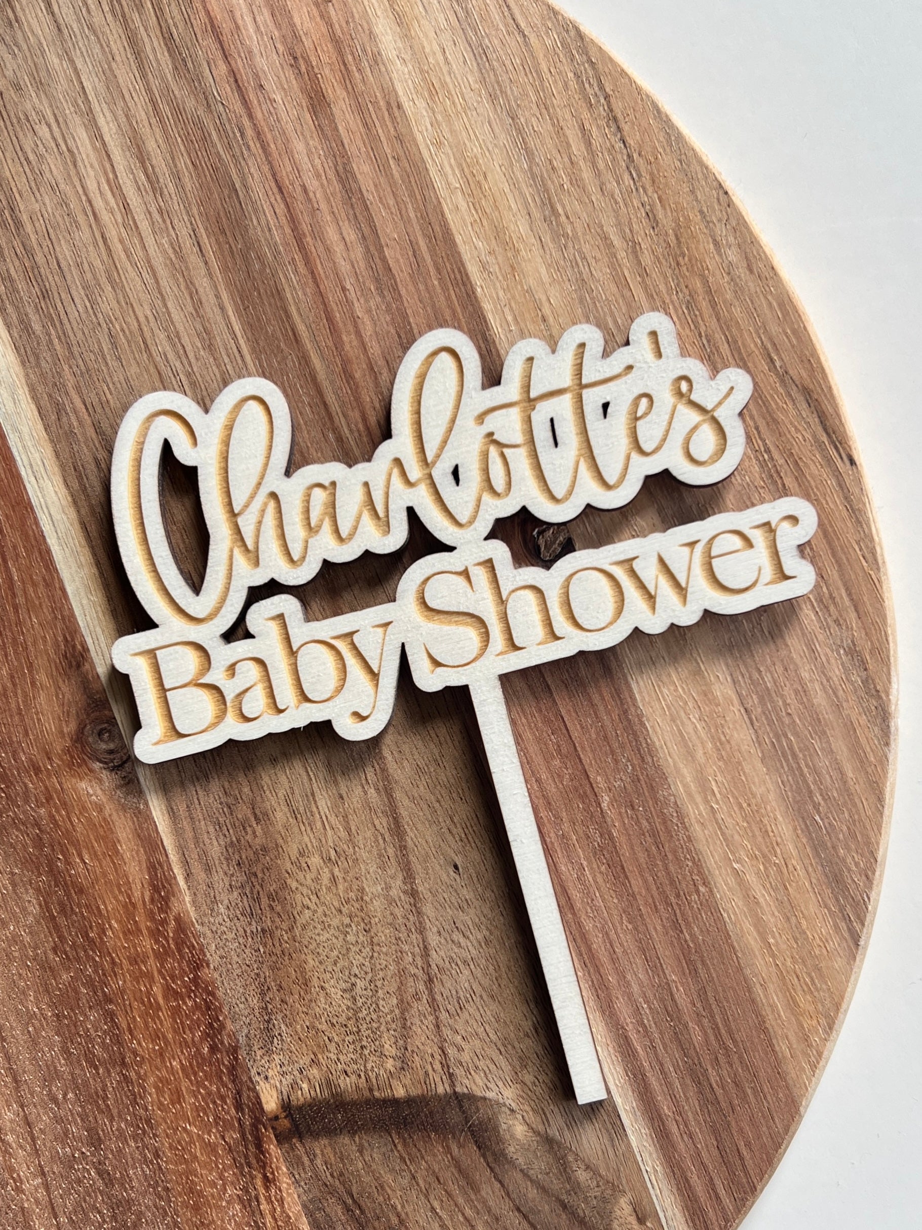 Wooden engraved baby shower cake topper personalised with name 