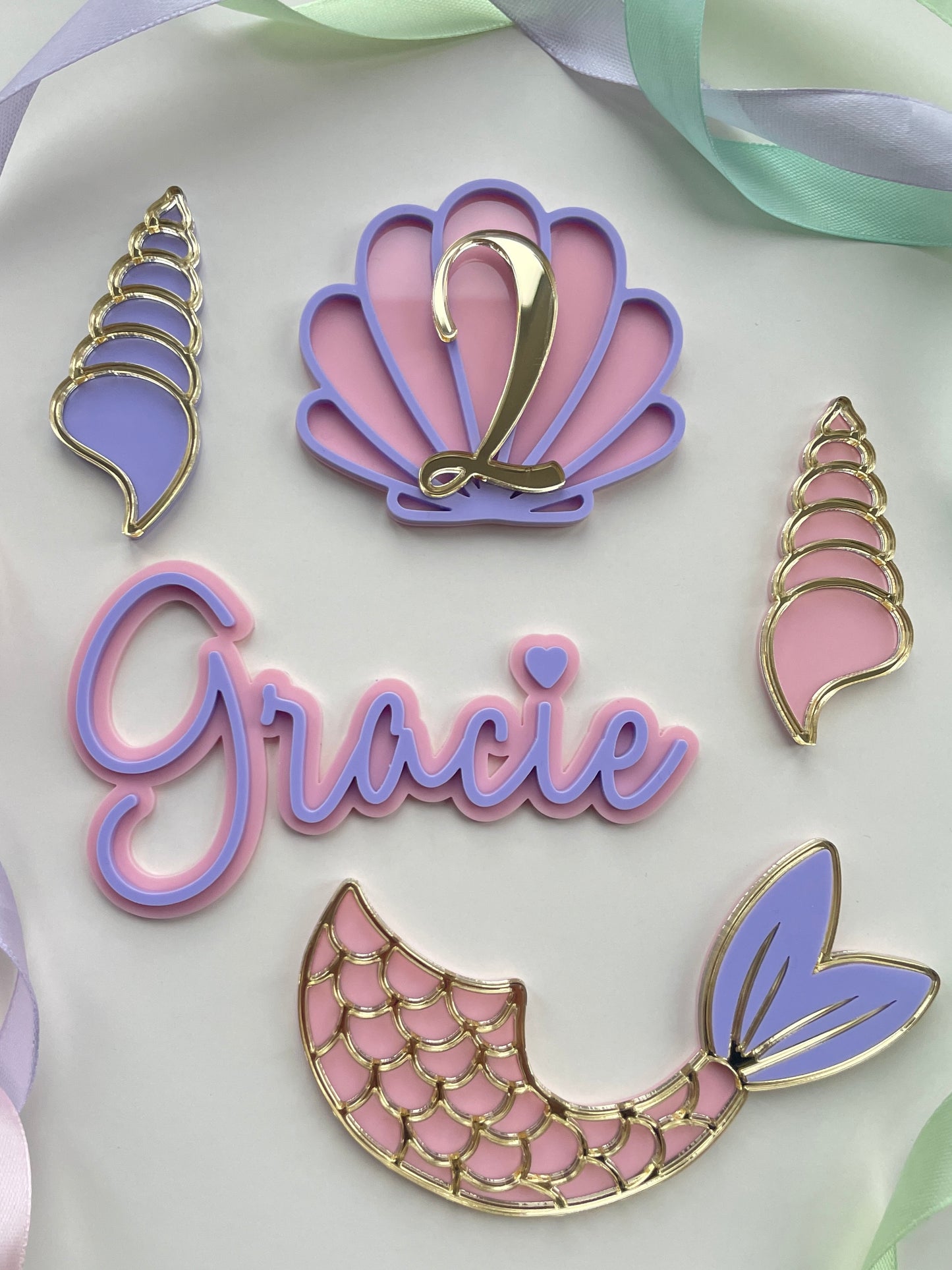 Mermaid Cake Topper Set | Pastel And Gold Acrylic Name And Age Charms