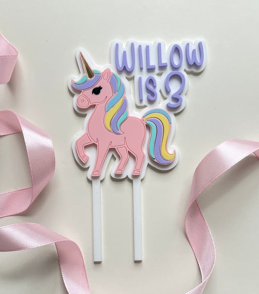 Pastel acrylic unicorn cake topper with name and age 