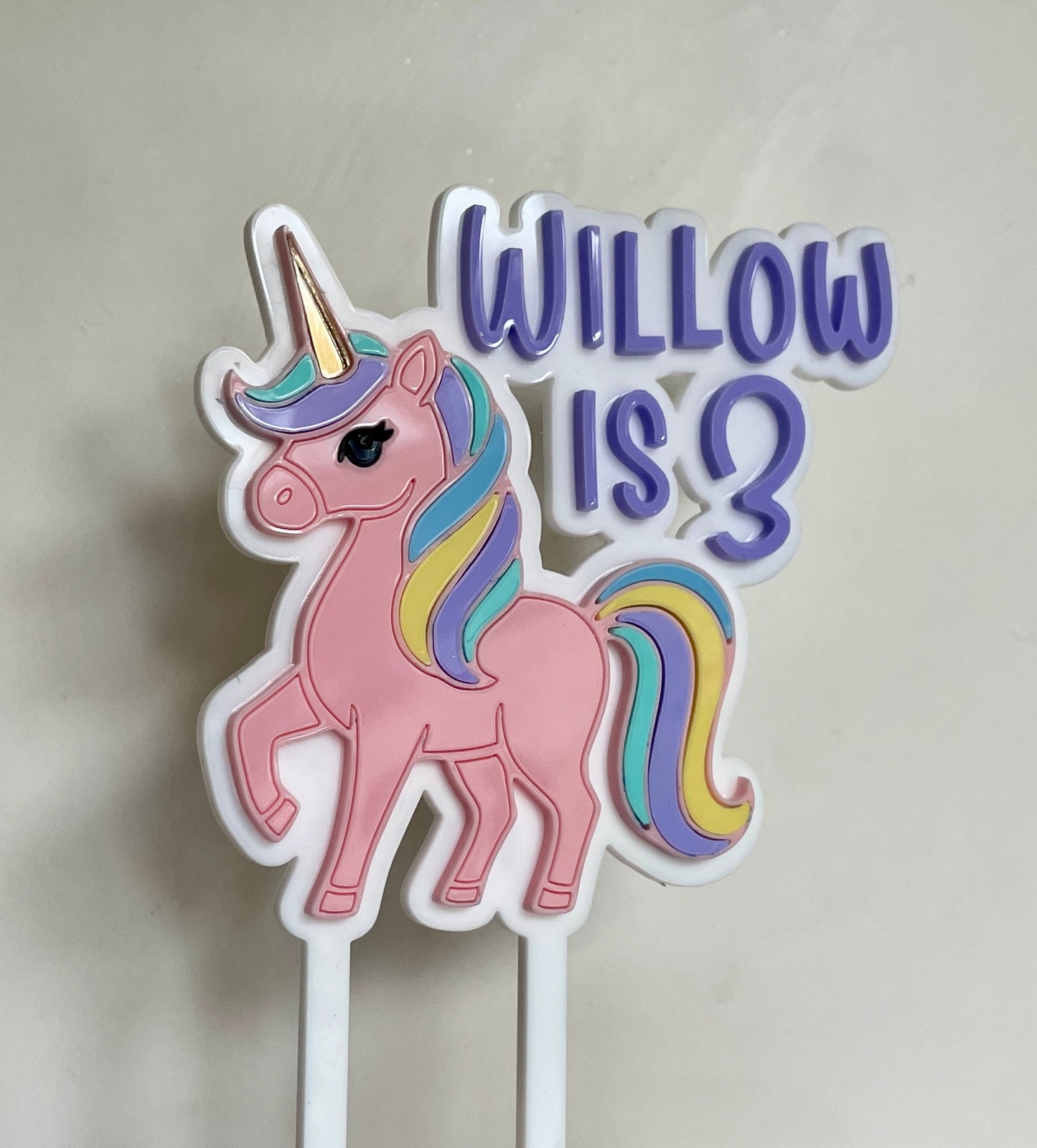 Personalised Unicorn Cake Topper. Acrylic Pastels.