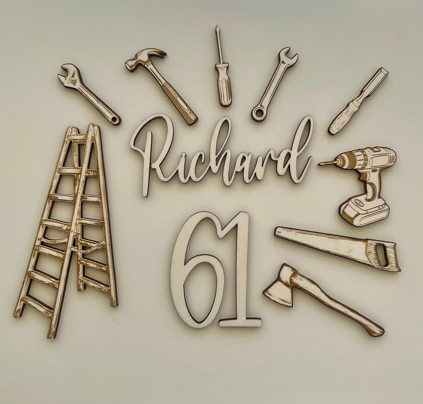 Wooden Tool Theme Cake Charm Set. Name and Age Cake Charm