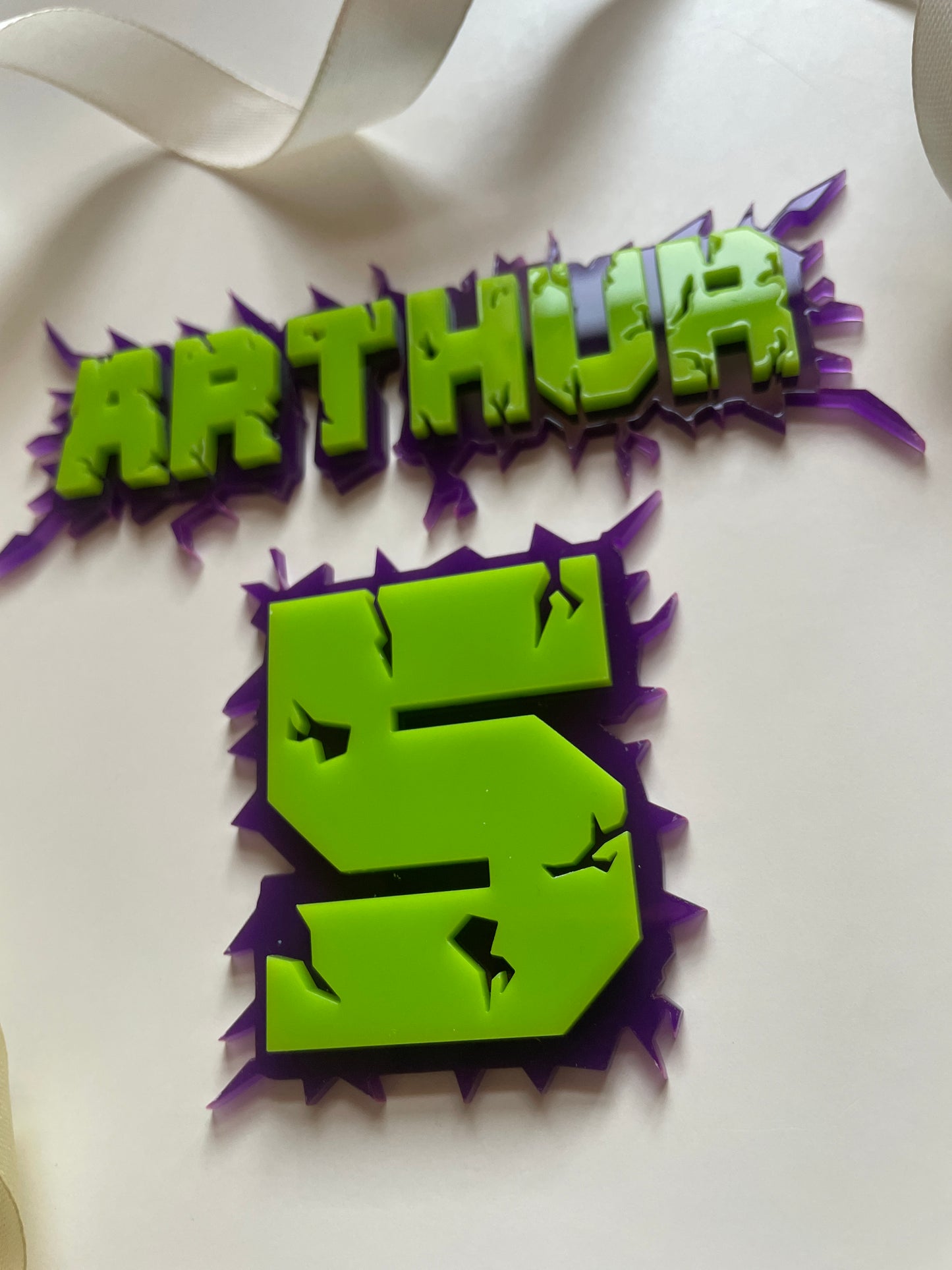 Green and purple acrylic name and age charm. Superhero themed.
