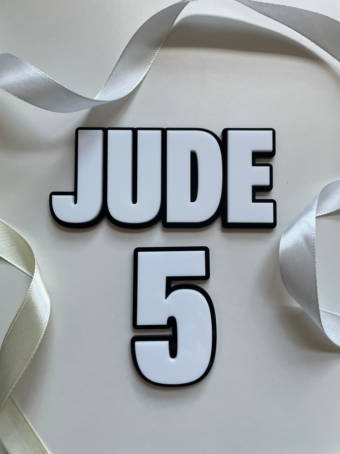 Black and White Acrylic Name and Age Cake Charm. Bold Comic Superhero Theme