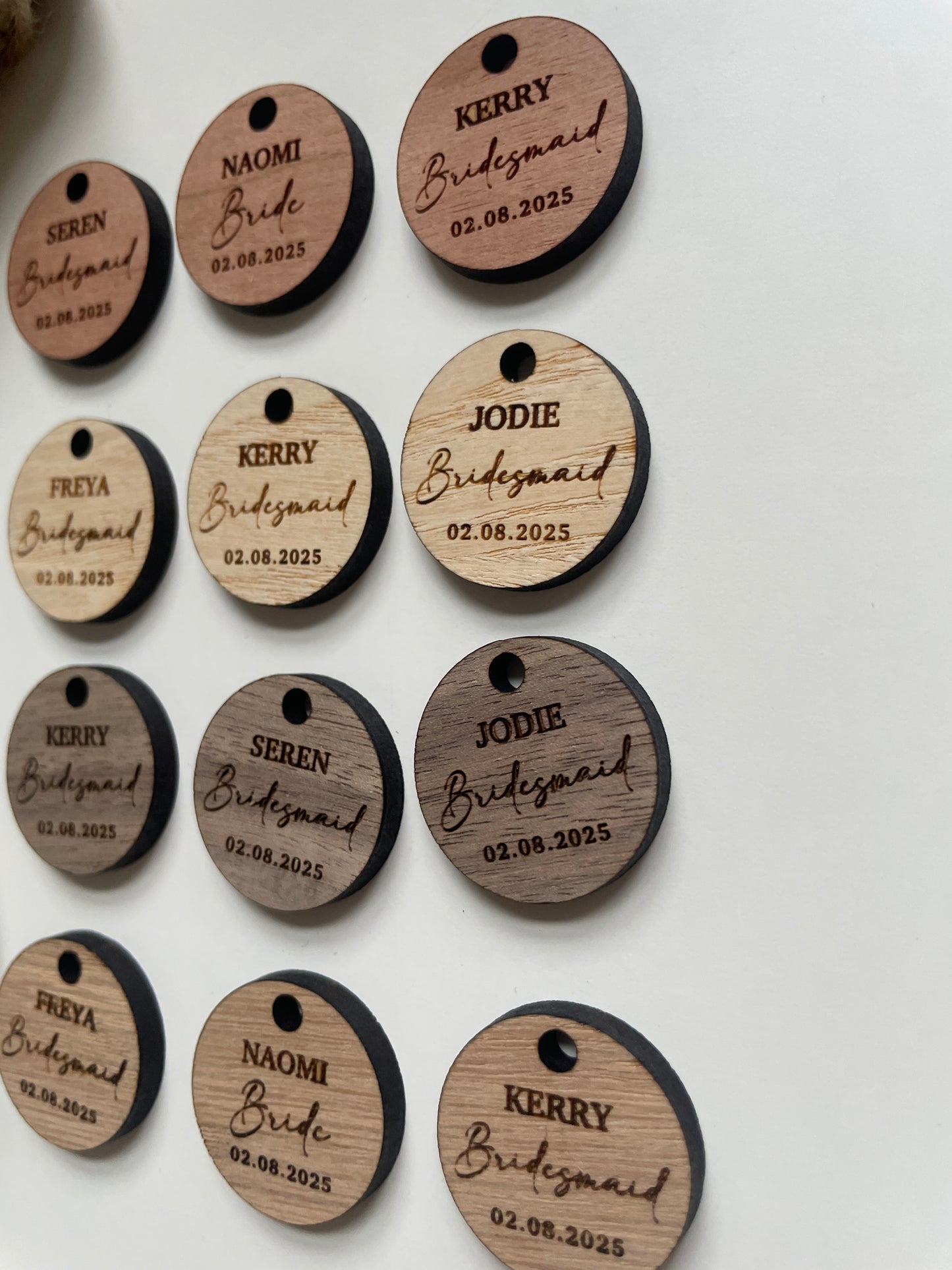 Personalised bridesmaid wedding bouquet tags. Wood and mirrored acrylic tags.