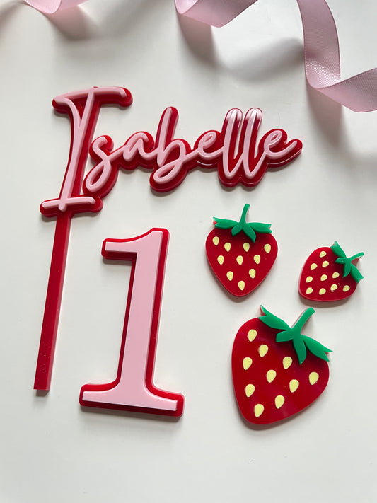 Strawberry Themed Name And Age Cake Topper.