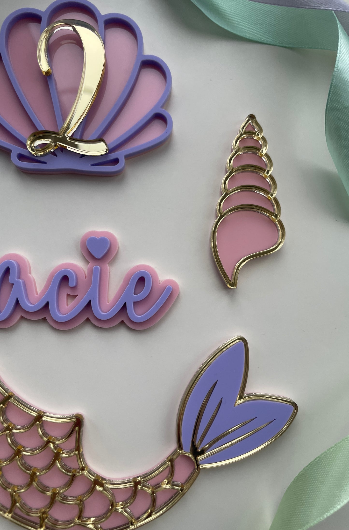 Mermaid Cake Topper Set | Pastel And Gold Acrylic Name And Age Charms