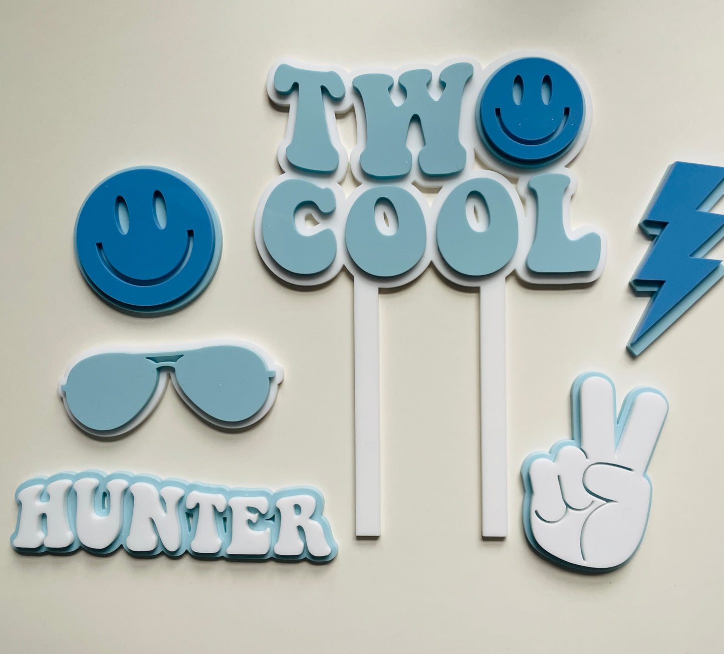 Two Cool. Smiley Acrylic cake topper set.
