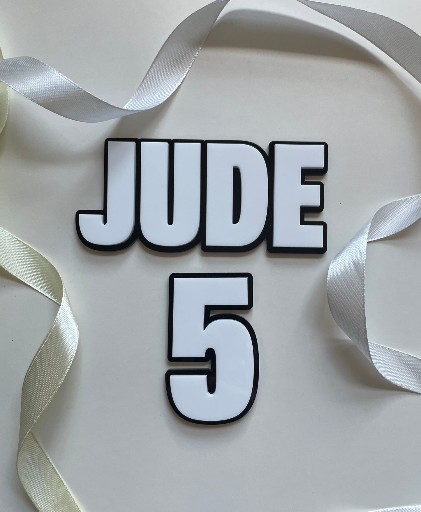 Black and White Acrylic Name and Age Cake Charm. Bold Comic Superhero Theme