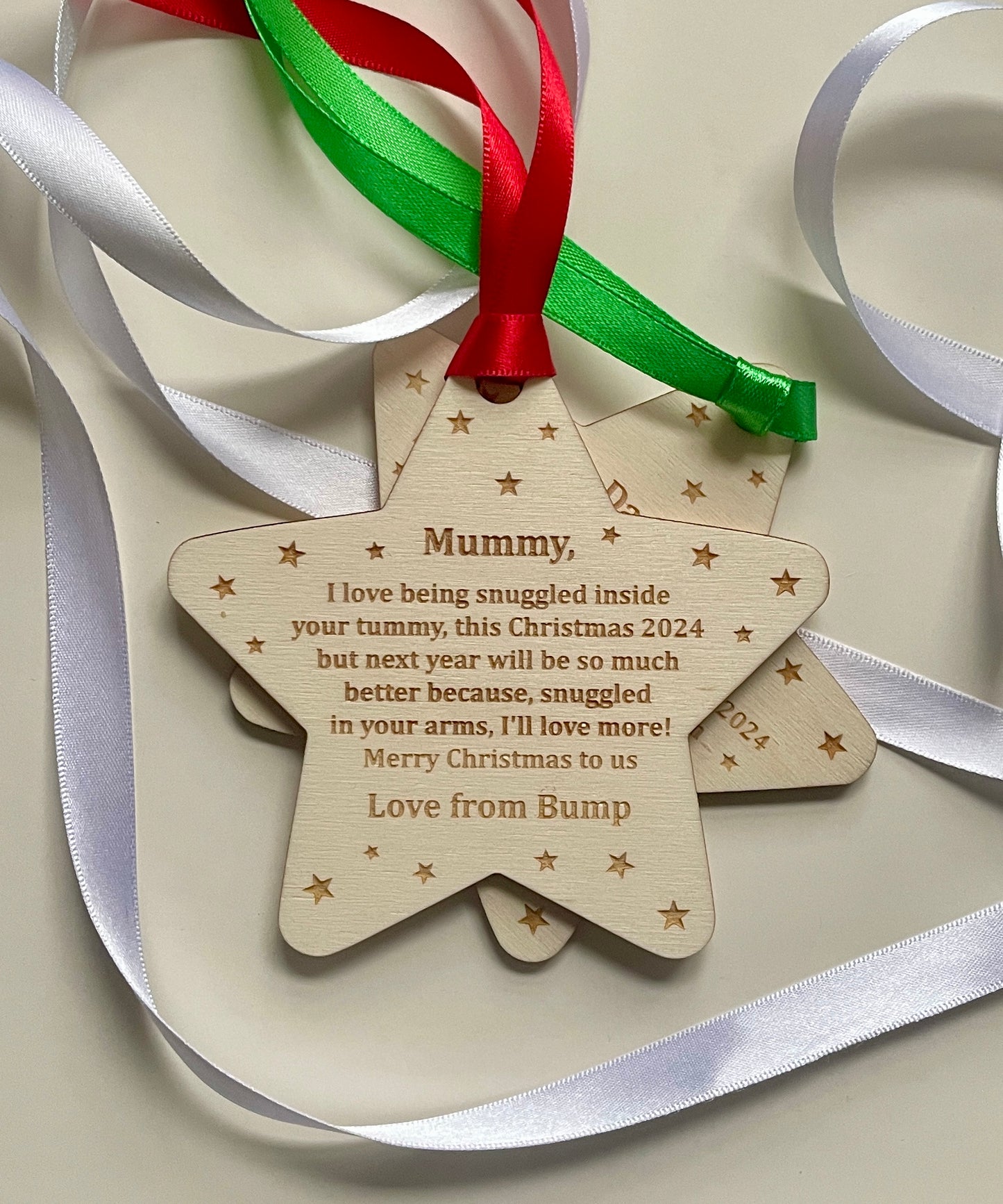 Merry Christmas mummy to be decoration. Christmas 2024. Personalised baby decoration from the bump.