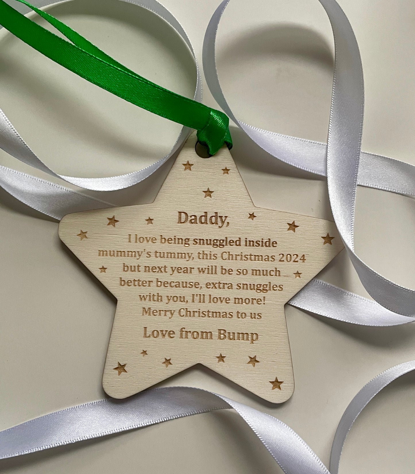 Merry Christmas daddy to be decoration. Christmas 2024. Personalised baby decoration from the bump.  Daddy to be. Grandparents to be.