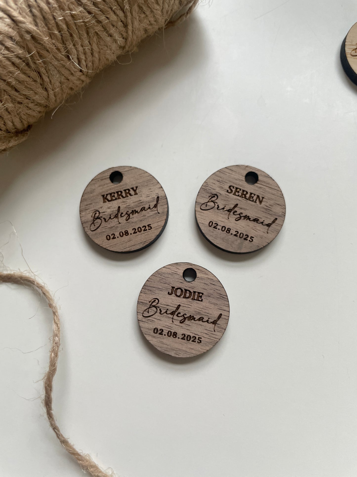 Personalised bridesmaid wedding bouquet tags. Wood and mirrored acrylic tags.