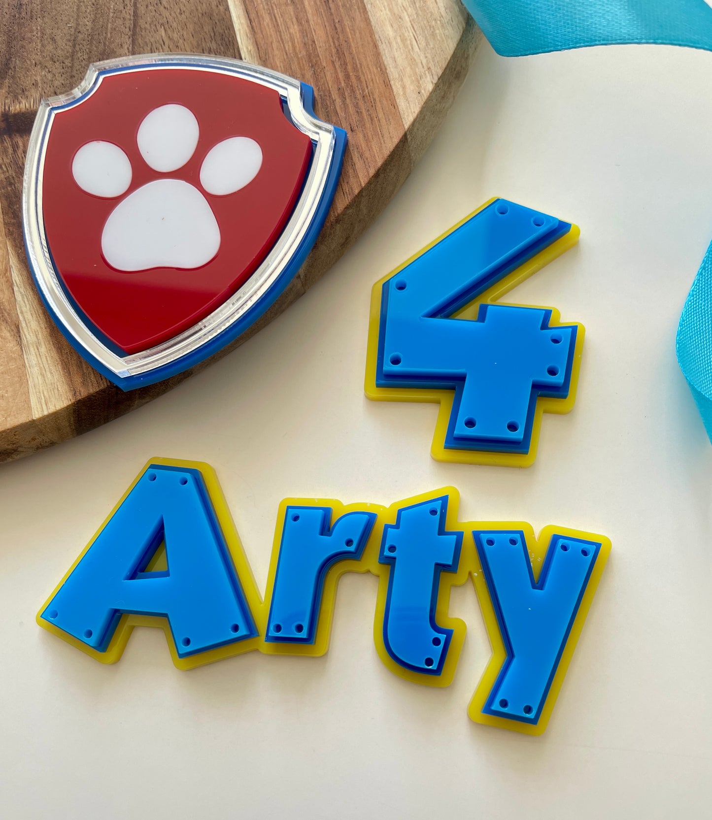 Dog Paw Patrol Theme. Acrylic Name And Age Cake Charm.