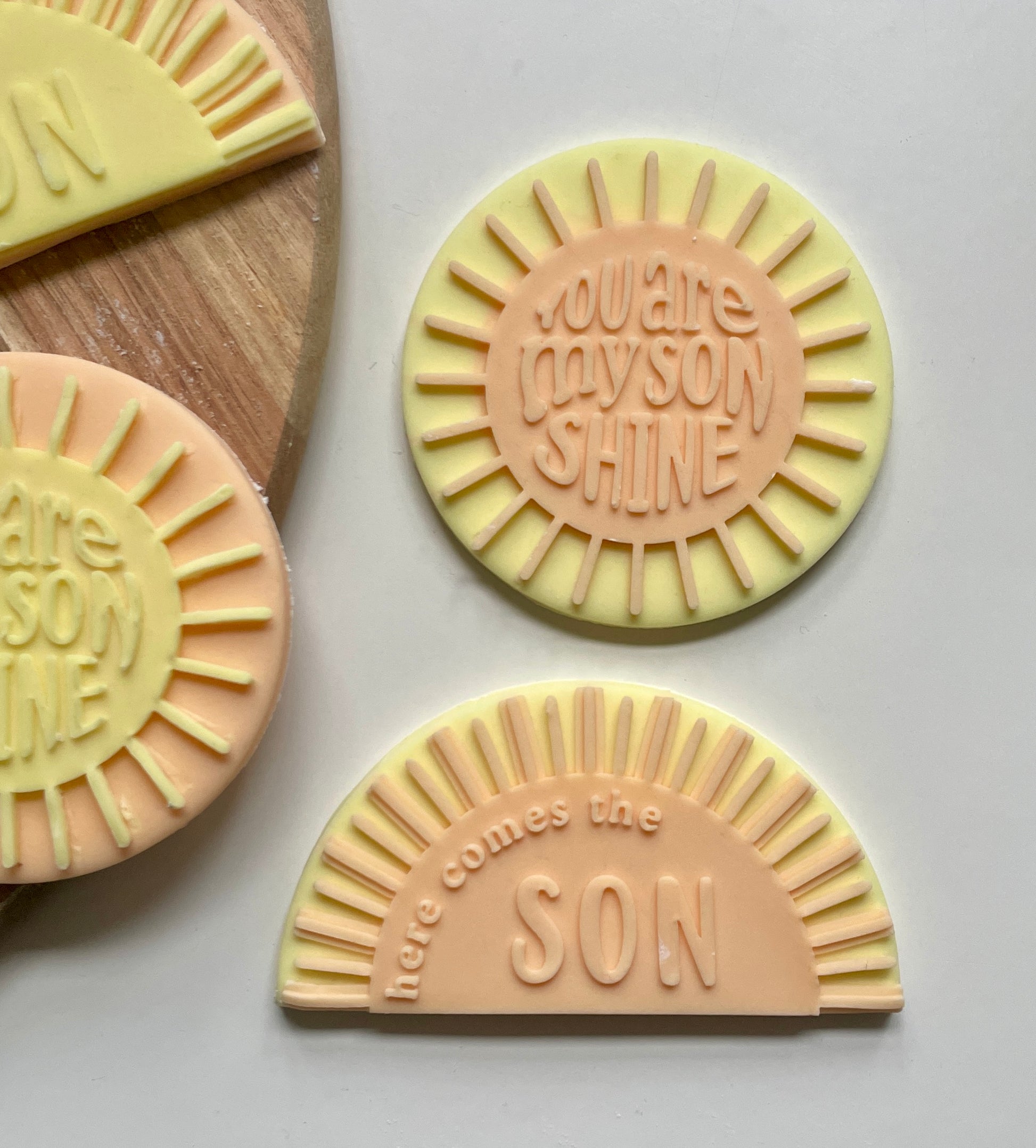 Here comes the son and You are my son shine 3d printed debosser and cutter set for using with fondant to make toppers for biscuits and cakes. 