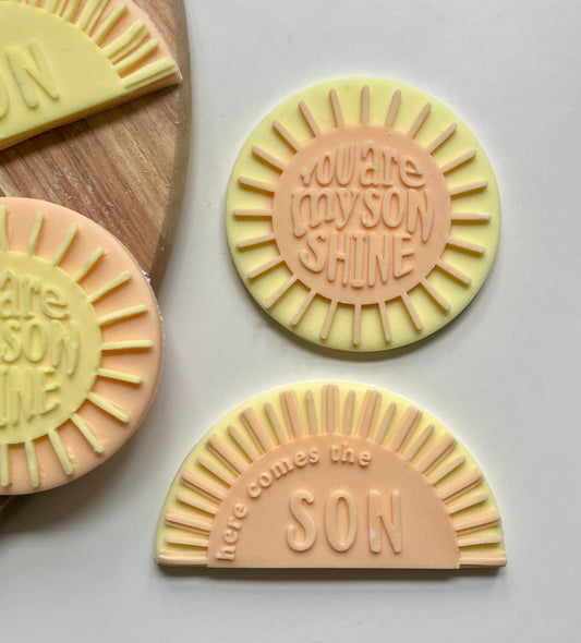 Here comes the son and You are my son shine 3d printed debosser and cutter set for using with fondant to make toppers for biscuits and cakes. 