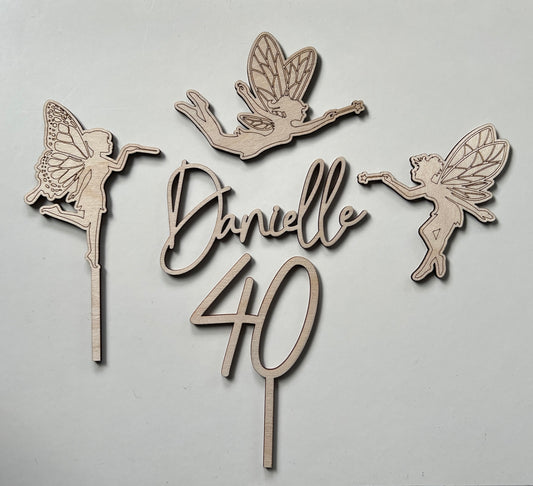 wooden fairy cake topper set with name and age charms 