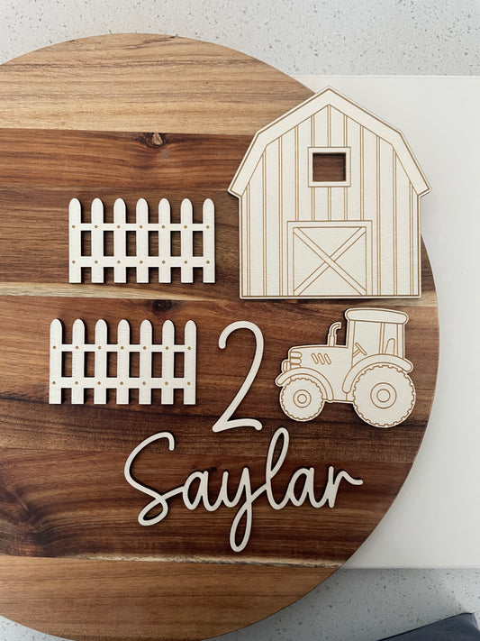 Wooden Farm Cake Topper Set. Name and Age Charms.
