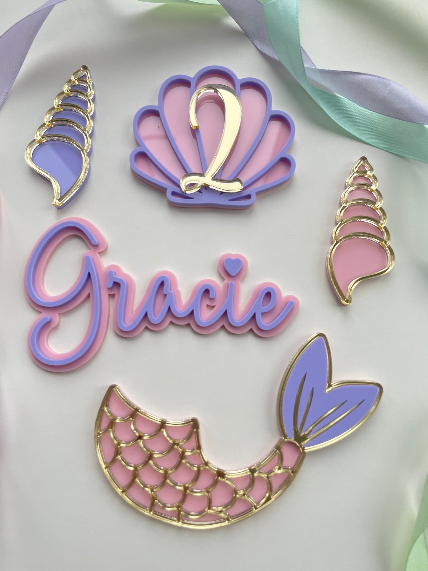 Mermaid Cake Topper Set | Pastel And Gold Acrylic Name And Age Charms