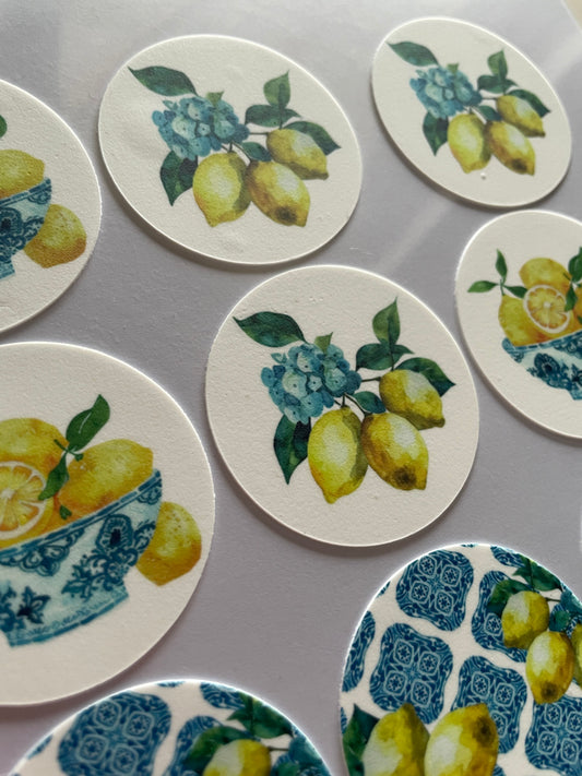 Amalfi lemon themed cupcake / biscuit toppers. Icing  sheet wrap for cakes.