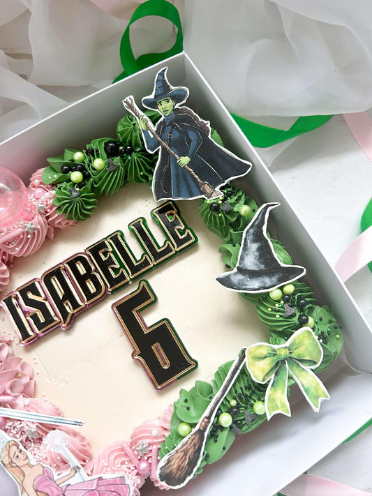 Pink And Green Wicked Theme. Name And Age Cake Charm