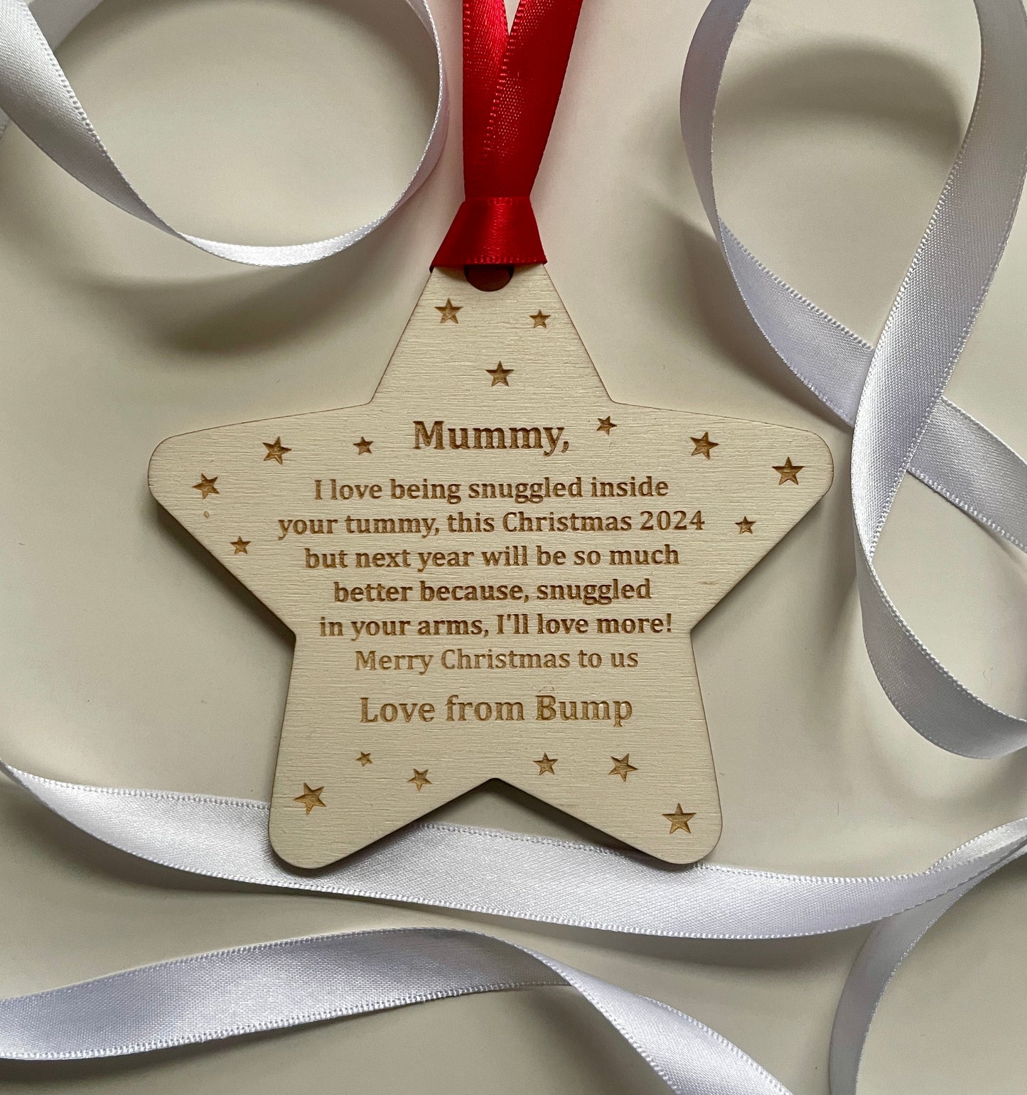 Merry Christmas mummy to be decoration. Christmas 2024. Personalised baby decoration from the bump.