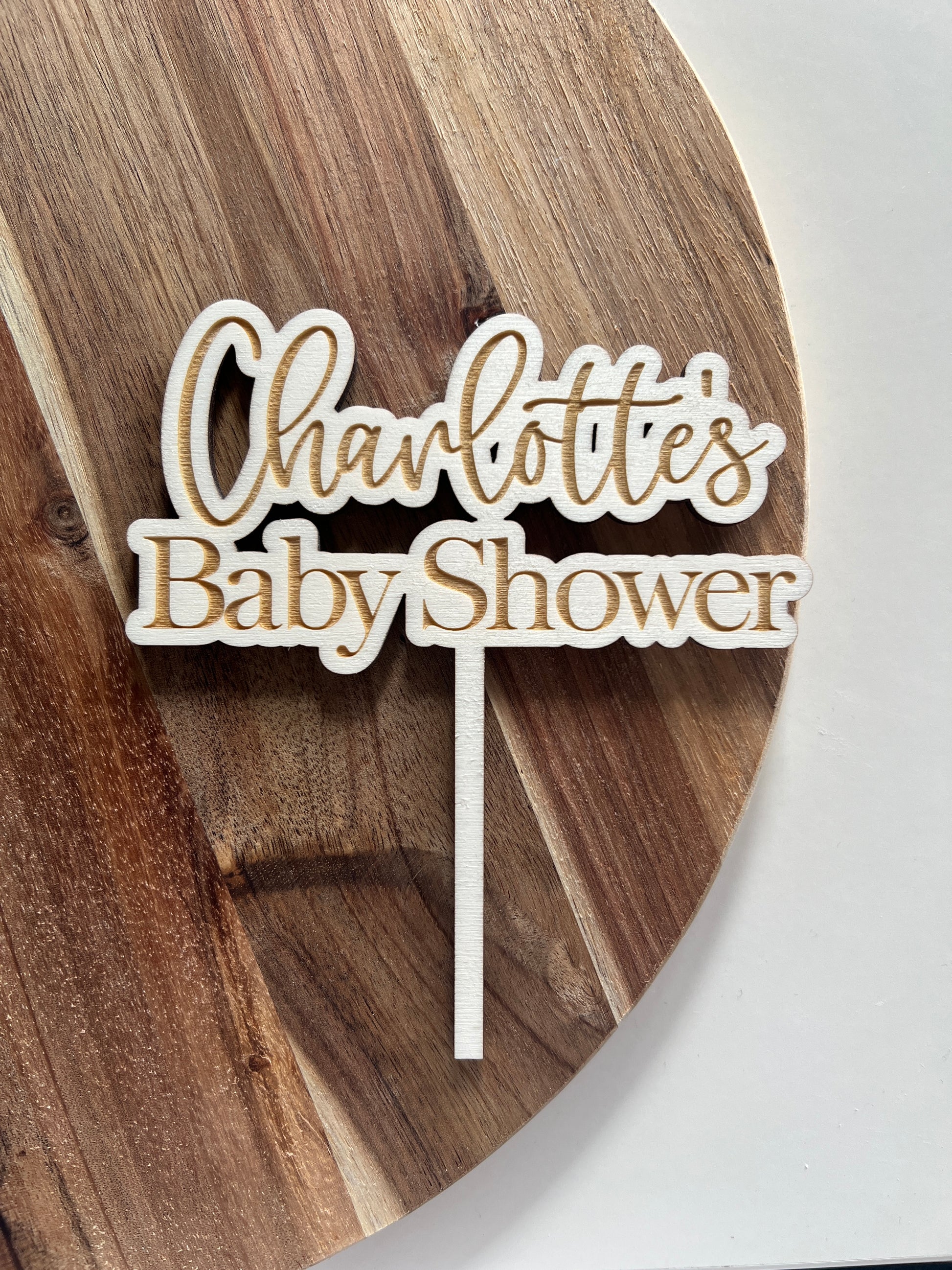 Wooden engraved baby shower cake topper personalised with name 