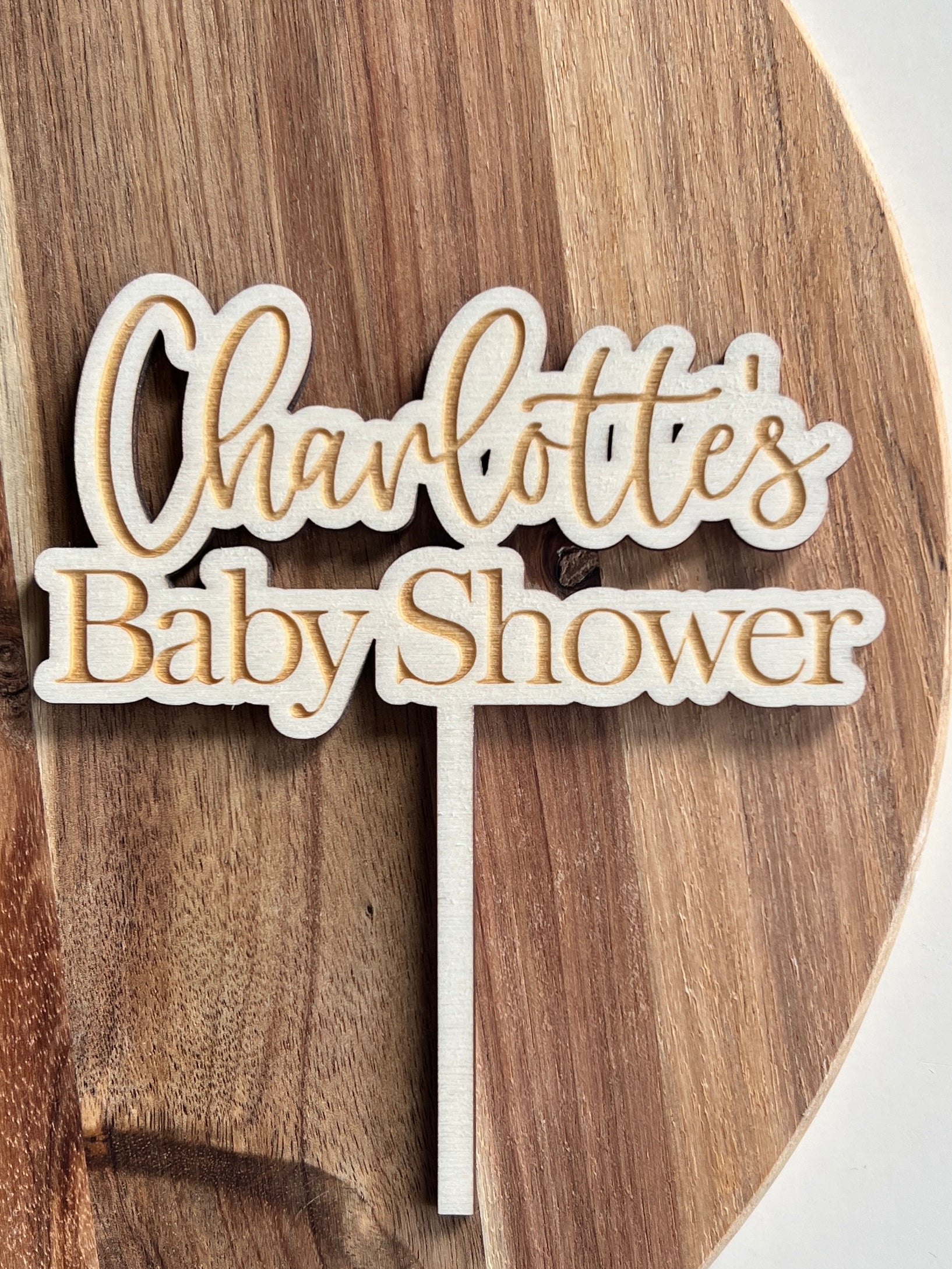 Wooden engraved baby shower cake topper personalised with name 