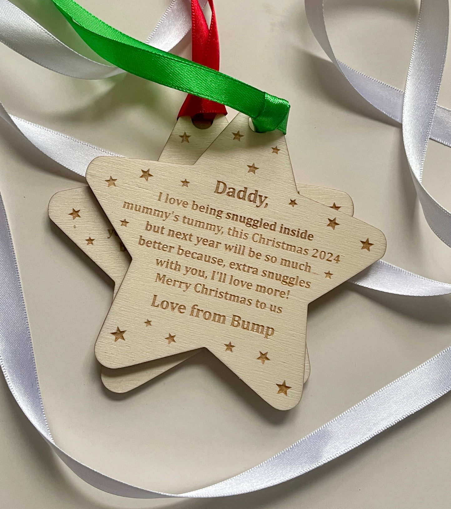 Merry Christmas daddy to be decoration. Christmas 2024. Personalised baby decoration from the bump.  Daddy to be. Grandparents to be.