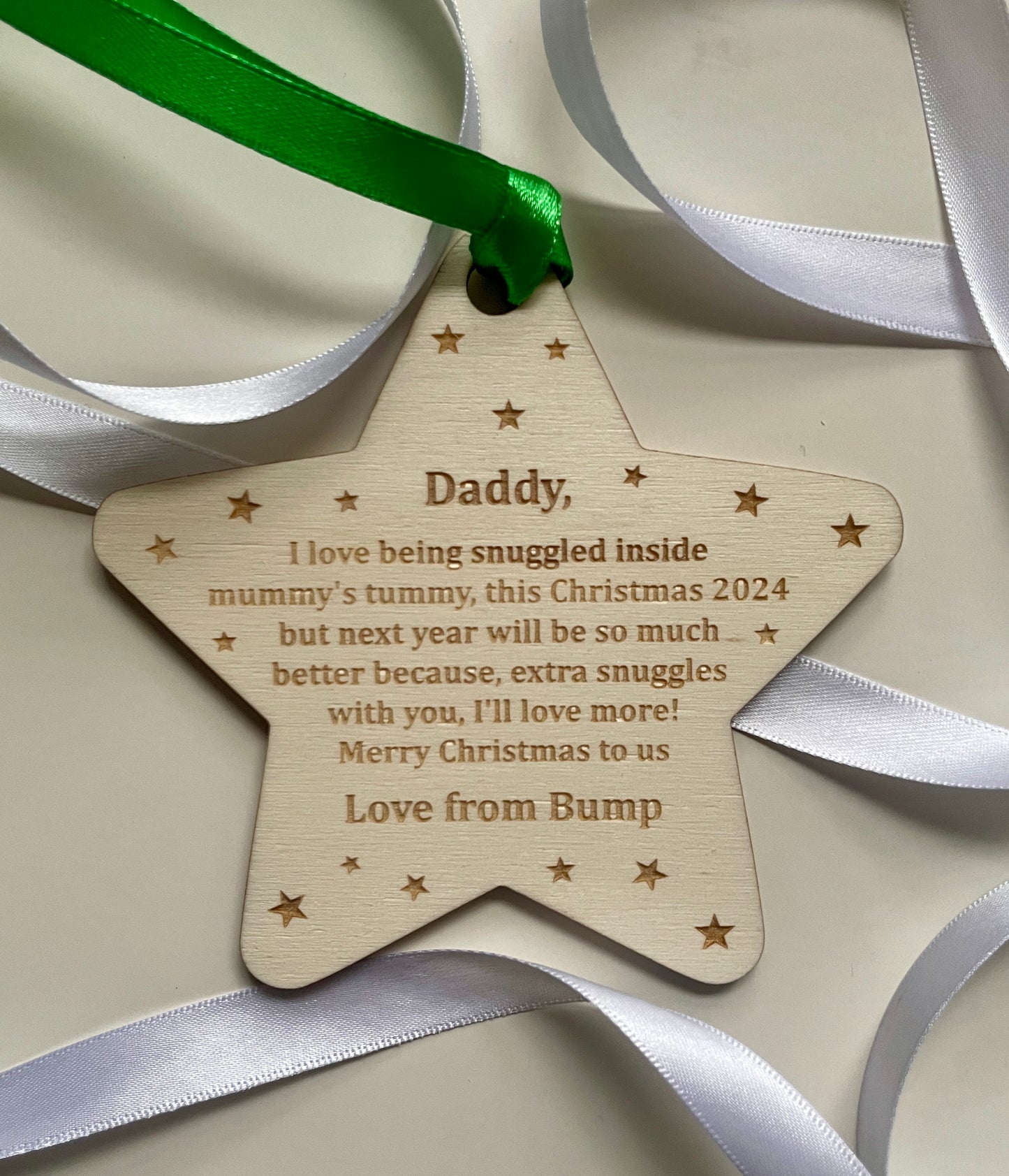 Merry Christmas daddy to be decoration. Christmas 2024. Personalised baby decoration from the bump.  Daddy to be. Grandparents to be.