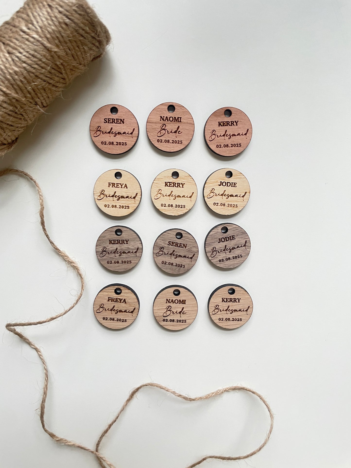 Personalised bridesmaid wedding bouquet tags. Wood and mirrored acrylic tags.
