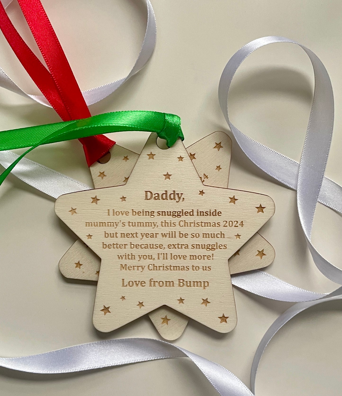 Merry Christmas daddy to be decoration. Christmas 2024. Personalised baby decoration from the bump.  Daddy to be. Grandparents to be.