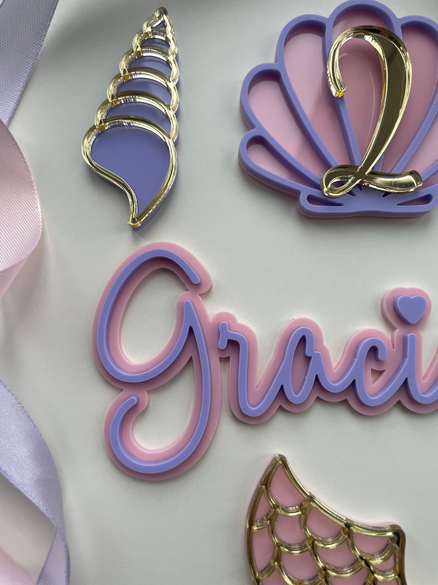 Mermaid Cake Topper Set | Pastel And Gold Acrylic Name And Age Charms