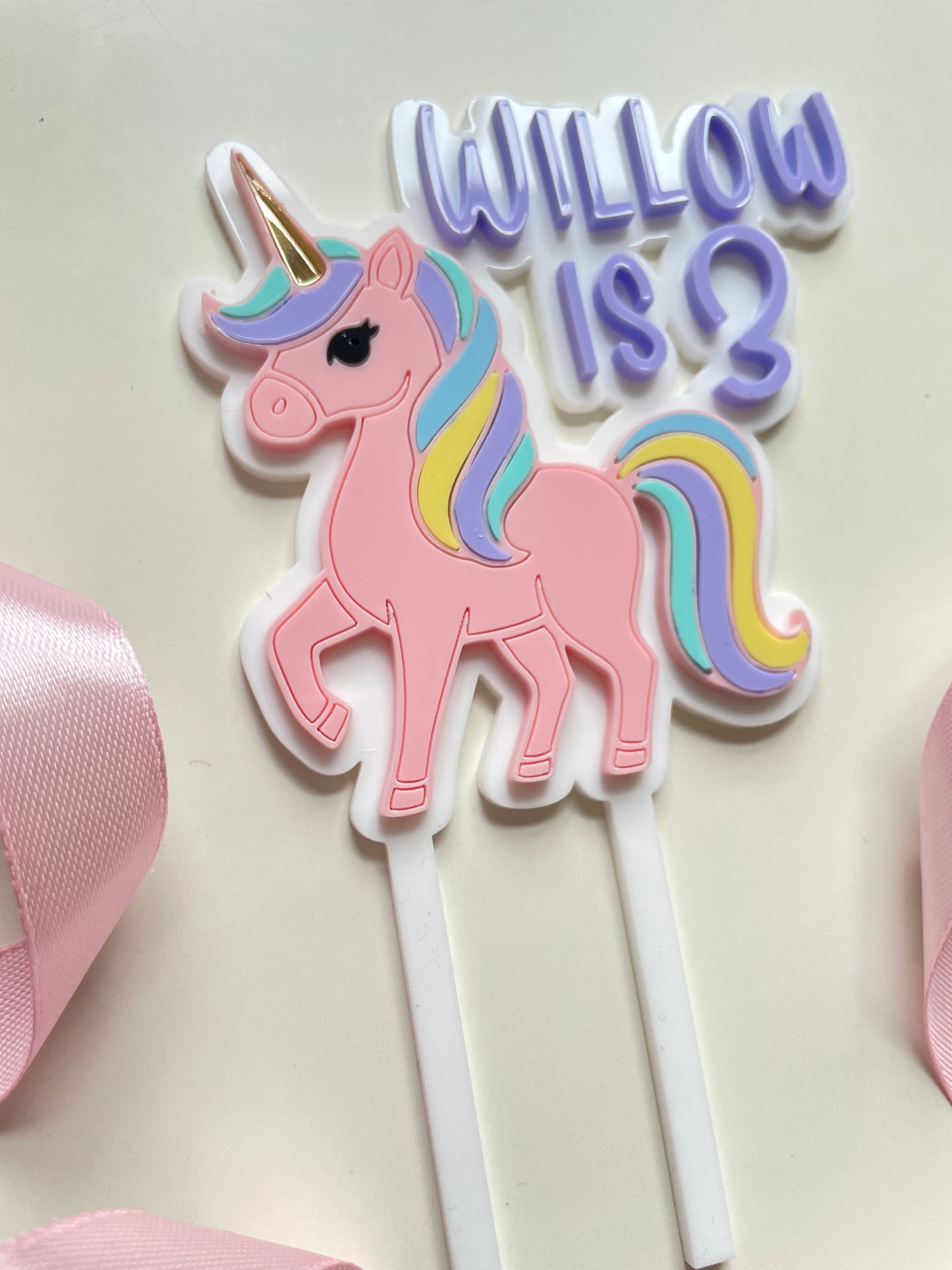 Personalised Unicorn Cake Topper. Acrylic Pastels.