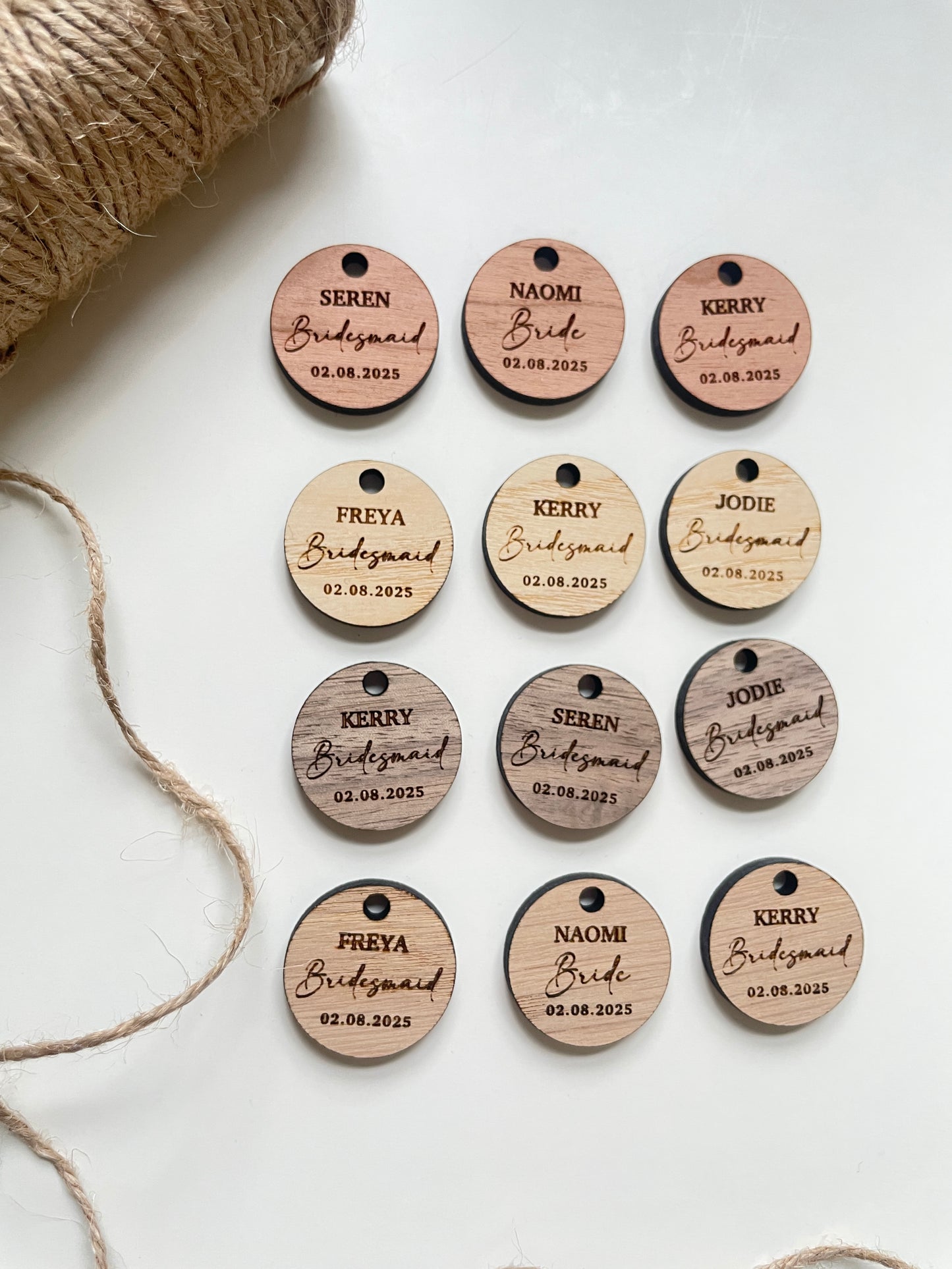 Personalised bridesmaid wedding bouquet tags. Wood and mirrored acrylic tags.