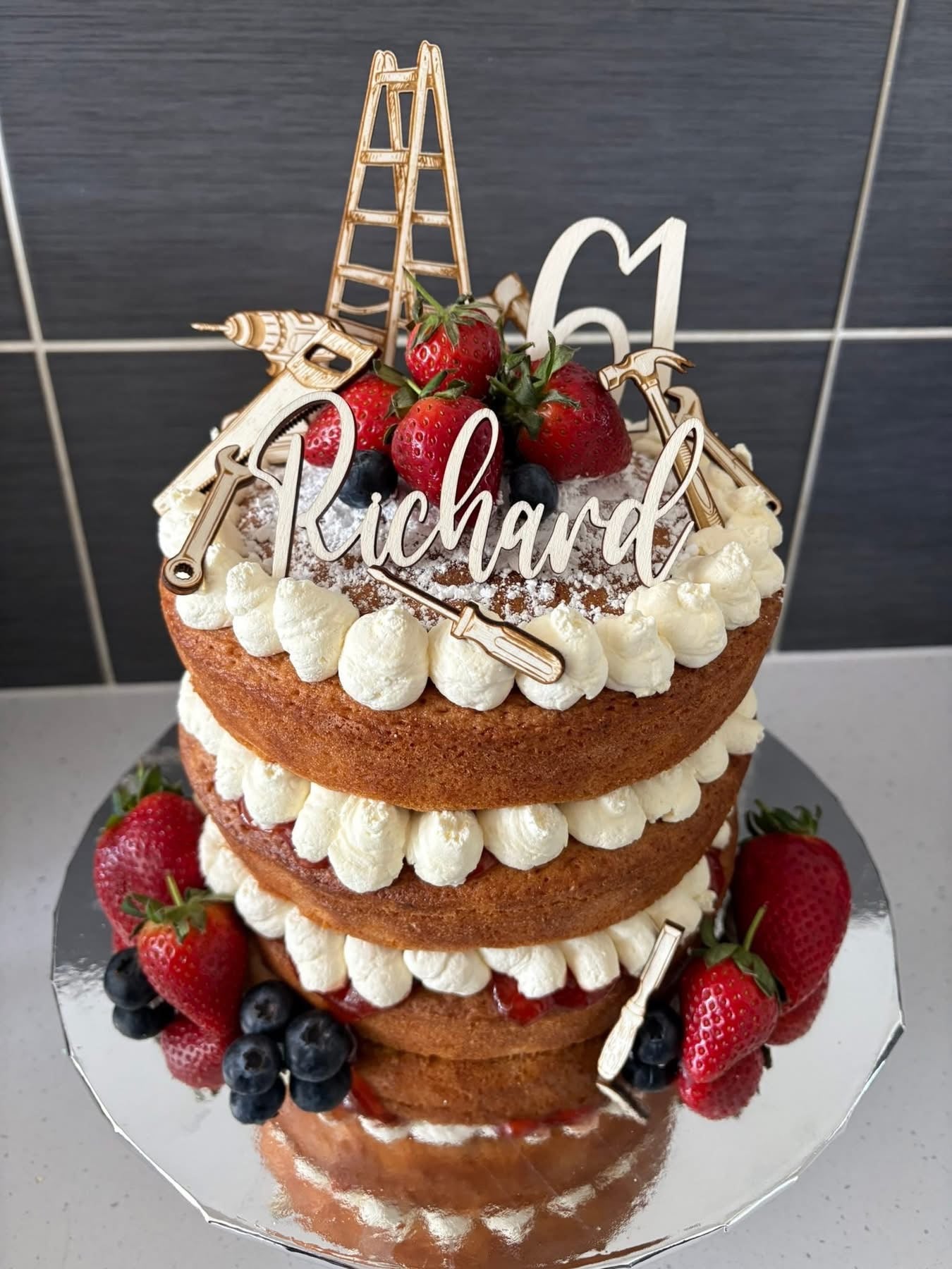 Wooden Tool Theme Cake Charm Set. Name and Age Cake Charm