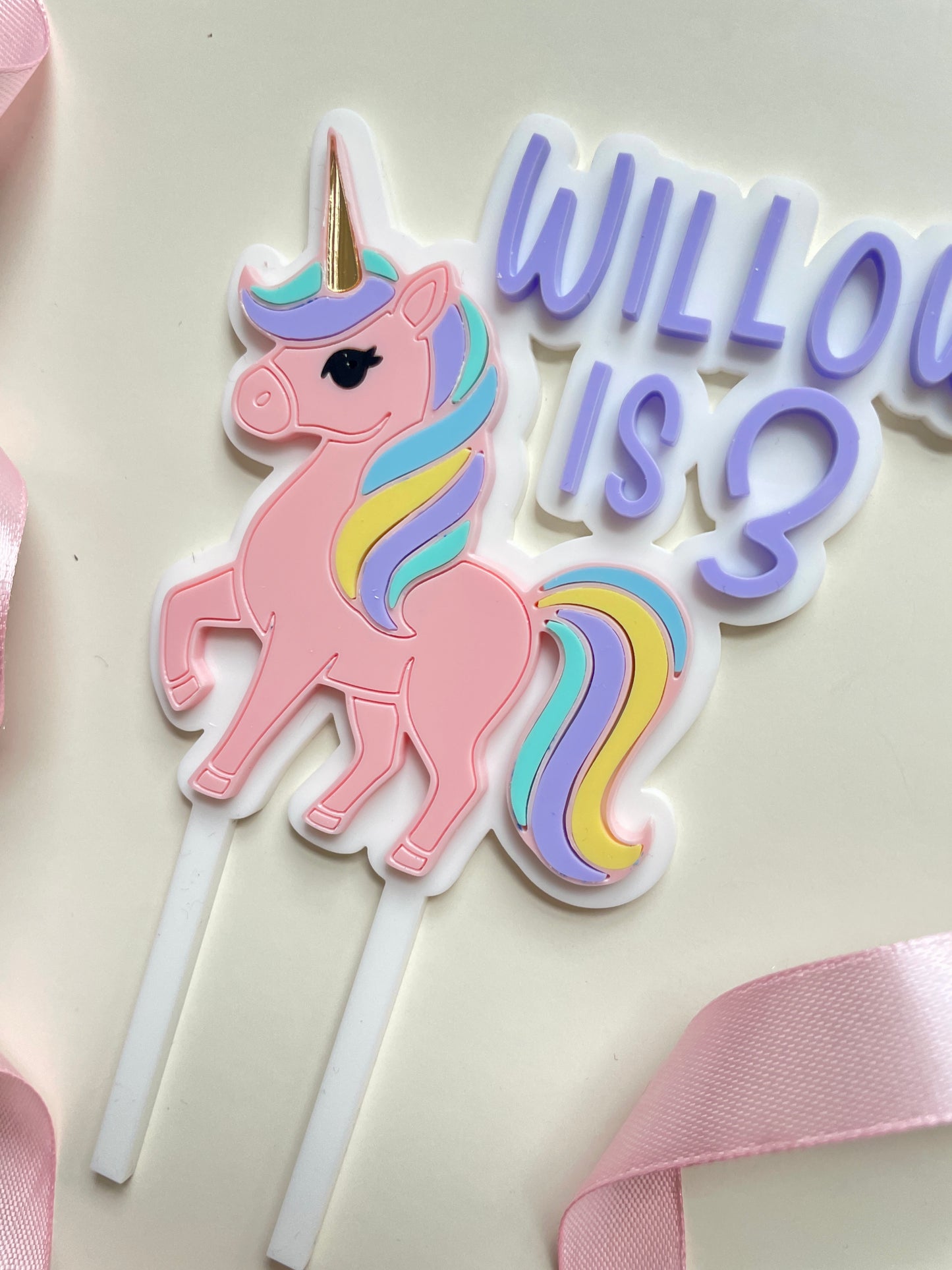 Personalised Unicorn Cake Topper. Acrylic Pastels.