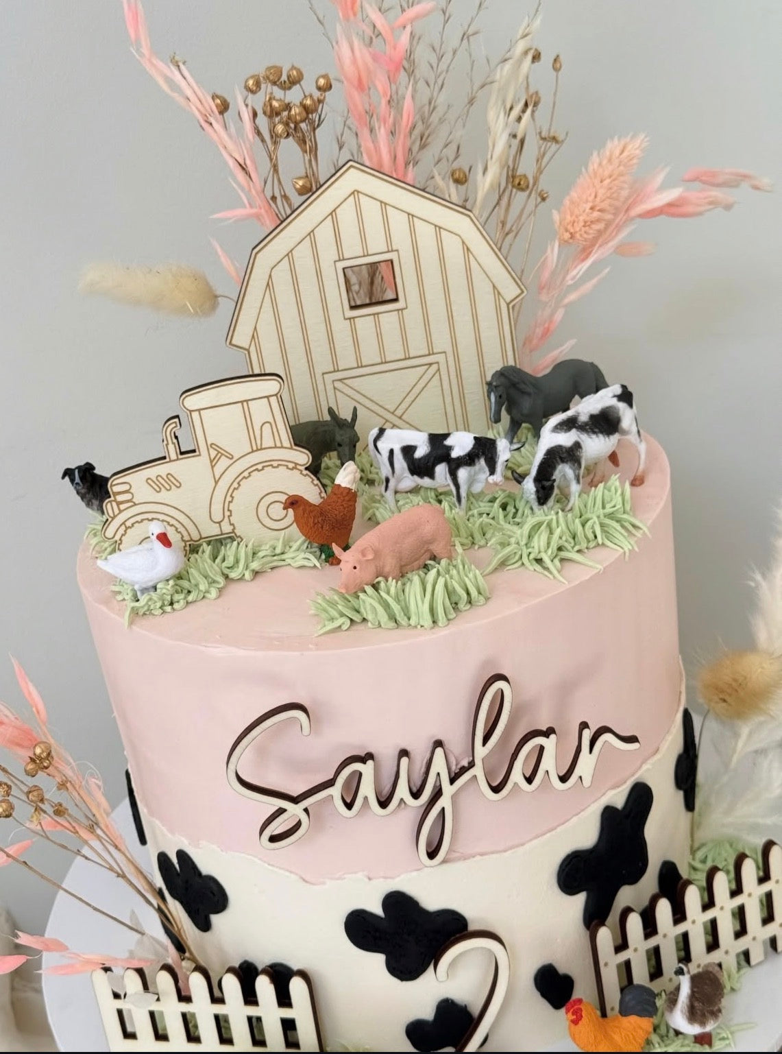 Wooden Farm Cake Topper Set. Name and Age Charms.