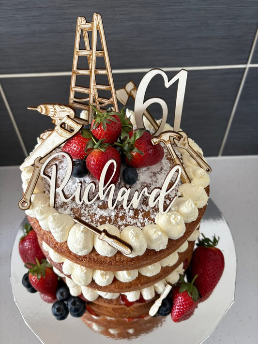Wooden Tool Theme Cake Charm Set. Name and Age Cake Charm