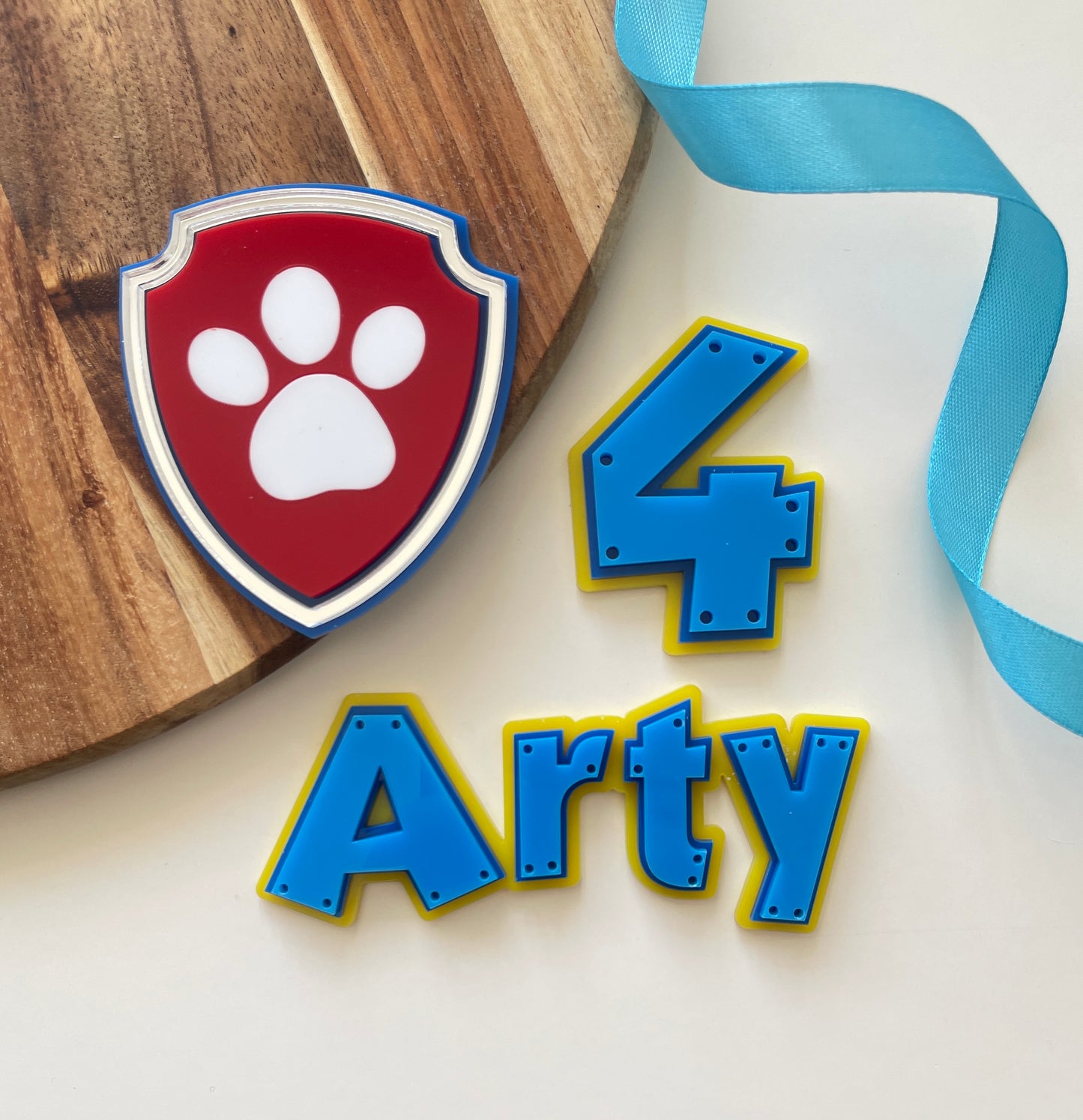 Dog Paw Patrol Theme. Acrylic Name And Age Cake Charm.
