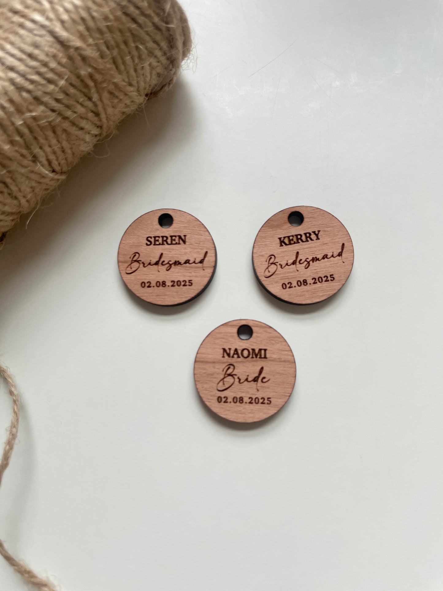 Personalised bridesmaid wedding bouquet tags. Wood and mirrored acrylic tags.