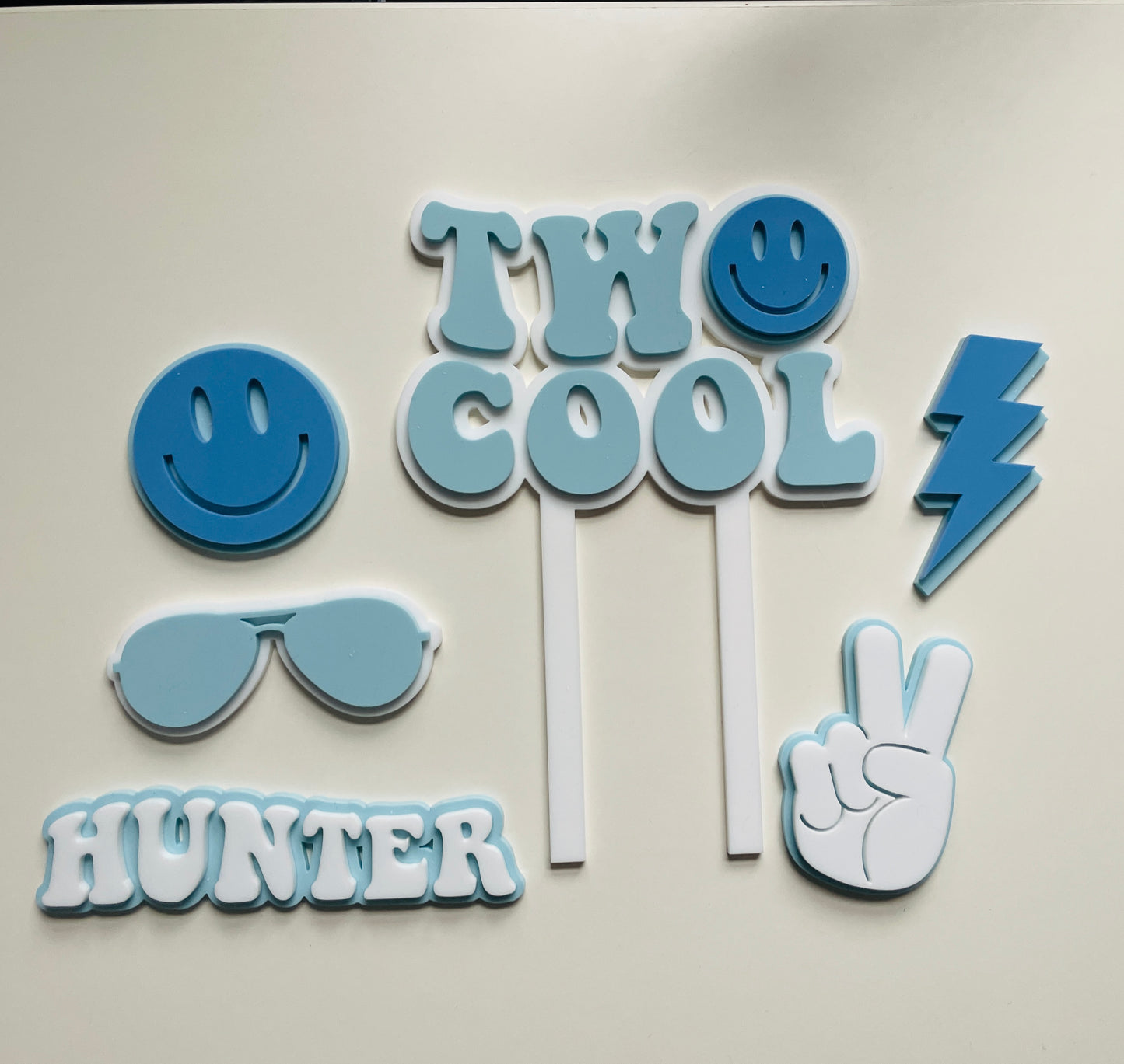 Two Cool. Smiley Acrylic cake topper set.