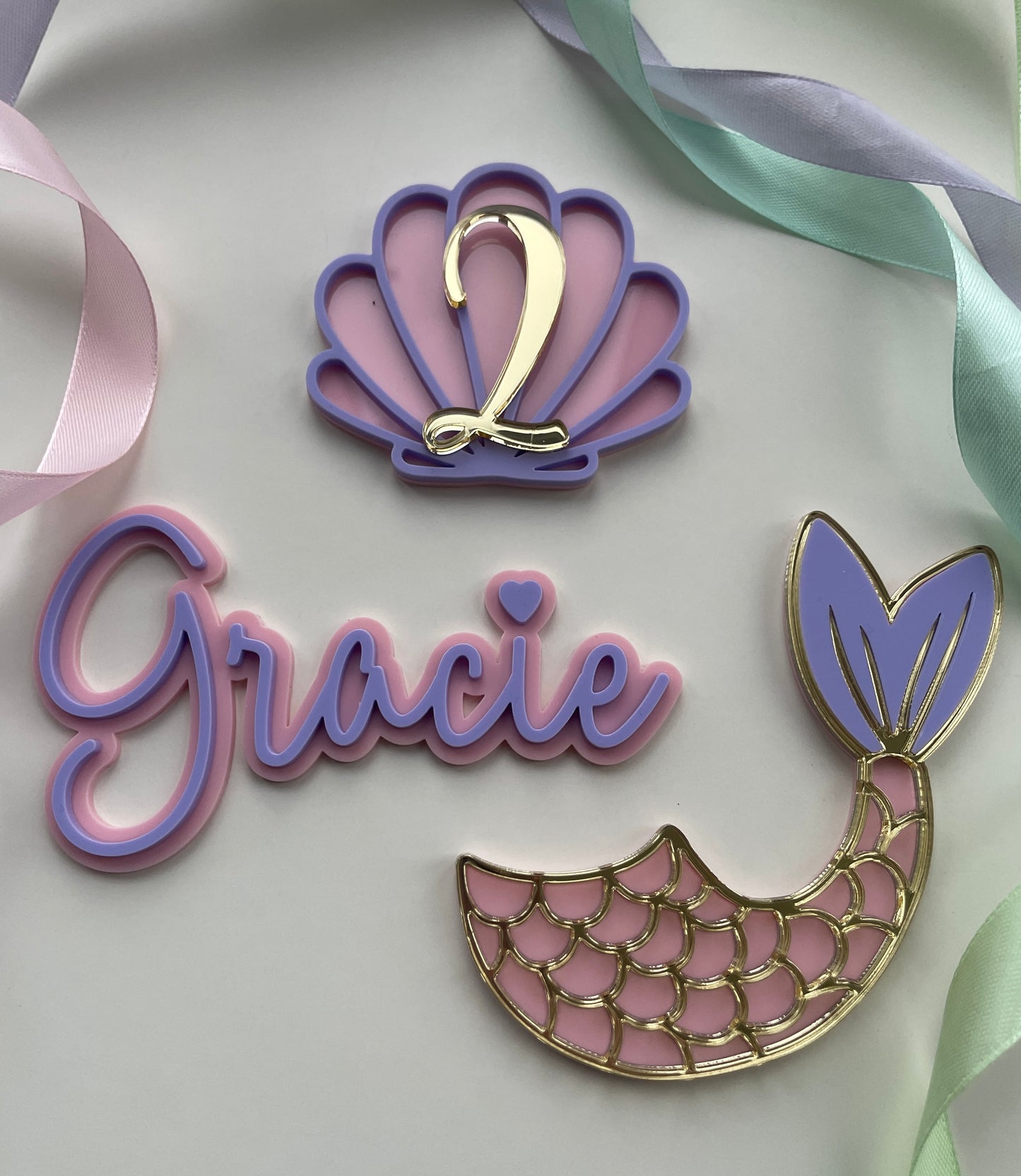 Mermaid Cake Topper Set | Pastel And Gold Acrylic Name And Age Charms