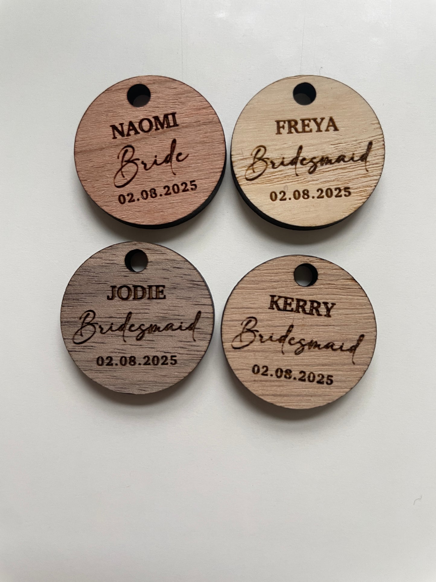 Personalised bridesmaid wedding bouquet tags. Wood and mirrored acrylic tags.