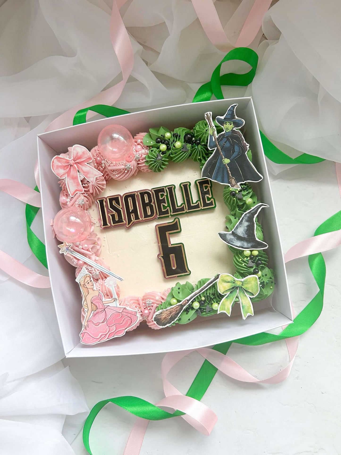 Pink And Green Wicked Theme. Name And Age Cake Charm