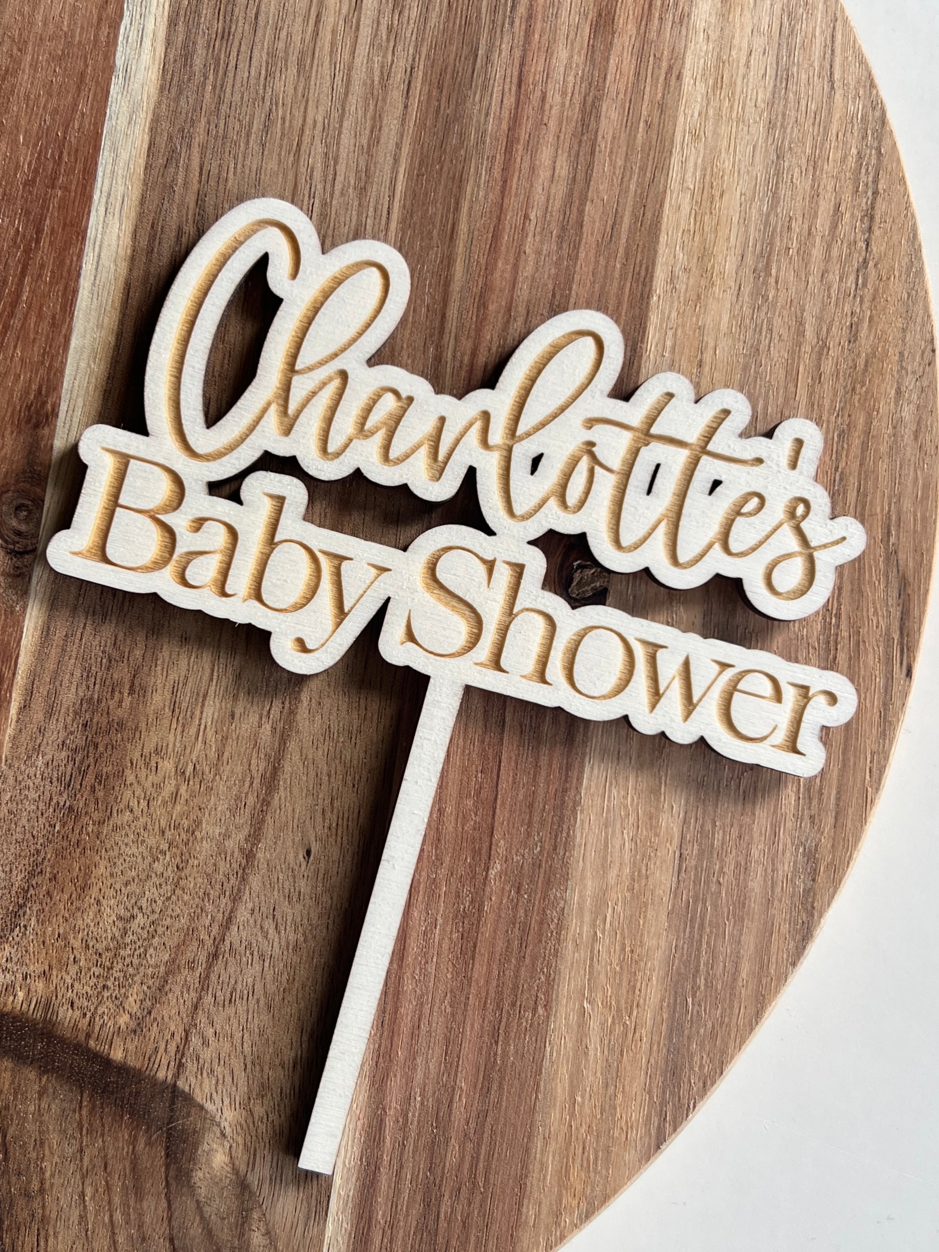 Wooden engraved baby shower cake topper personalised with name 