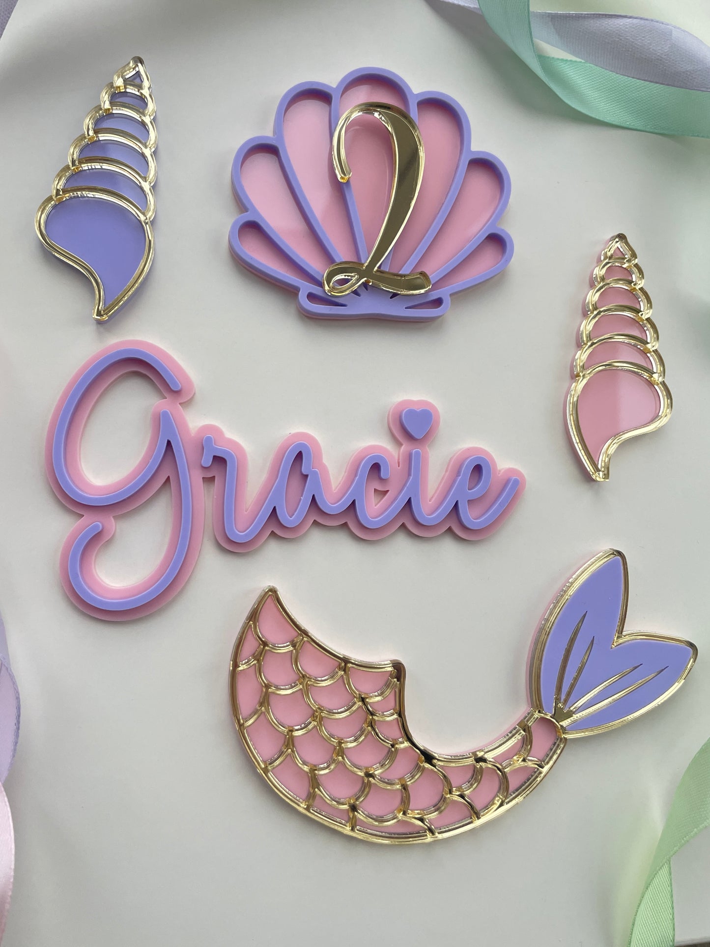 Mermaid Cake Topper Set | Pastel And Gold Acrylic Name And Age Charms